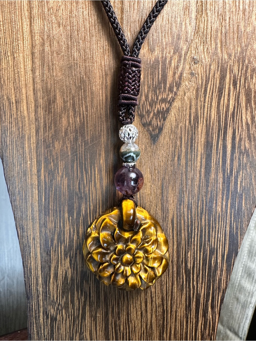 Tiger’s Eye Flower Pendant Necklace with Amethyst and Agate on Brown Rope - Picture 6 of 14